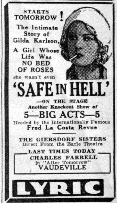 Lyric Theater advertisement for Safe in Hell, Fred LaCosta Revue, The Giersdorf Sisters, Charles Farrell, and After Tomorrow, Camden Courier-Post, March 29, 1932