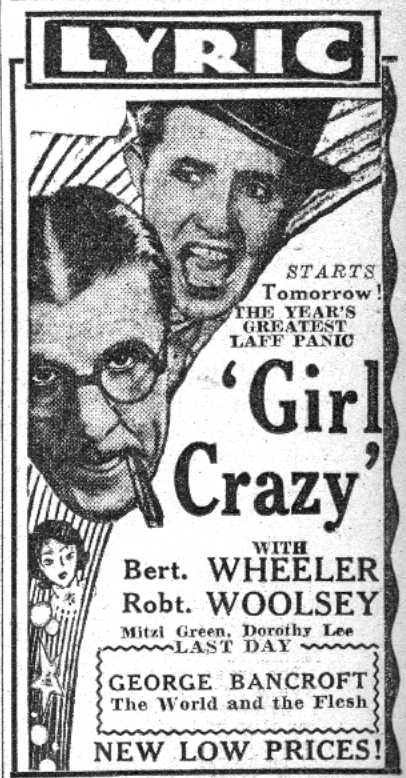 Lyric Theater advertisement for Girl Crazy with Wheeler and Woolsey and The World and the Flesh with George Bancroft, Camden Courier-Post, June 3, 1932