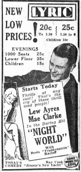 Lyric Theater advertisement for Night World with Lew Ayres, Mae Clarke, Boris Karloff, and Ray Cooke, plus Jimmy's New Yacht, Camden Courier-Post, June 11, 1932
