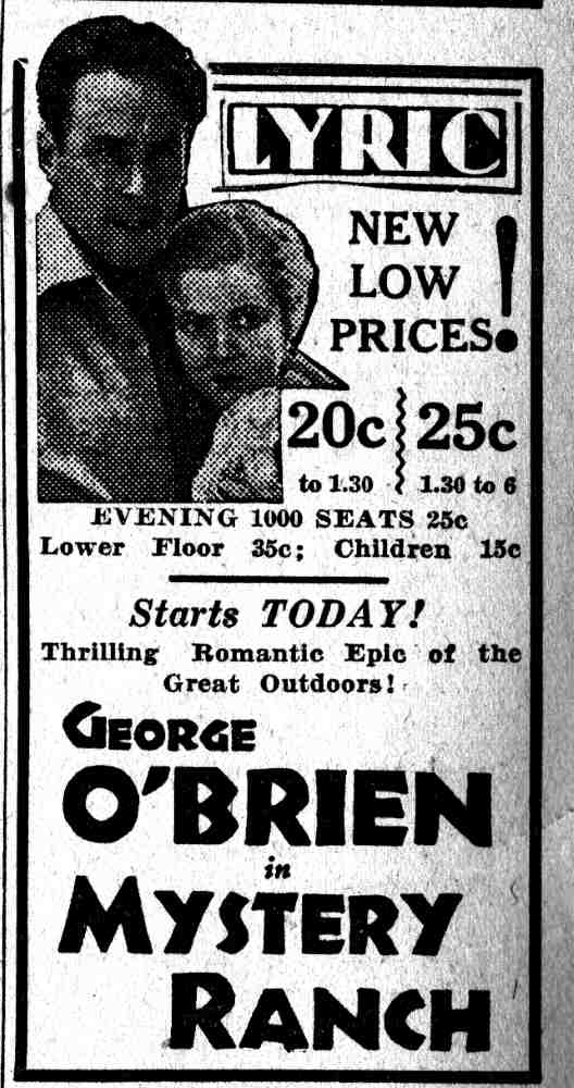 Lyric Theater advertisement for George O'Brien in Mystery Ranch, Camden Courier-Post, June 18, 1932