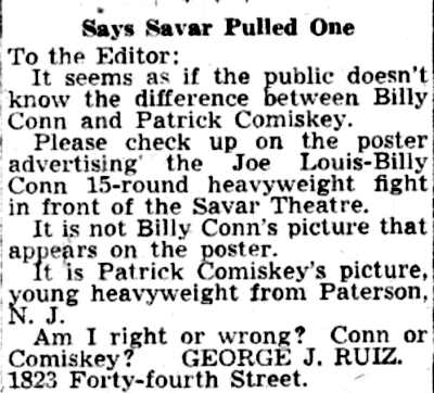 Letter to the editor about the Joe Louis-Billy Conn fight poster in front of the Savar Theatre, Camden Courier-Post, July 1, 1941