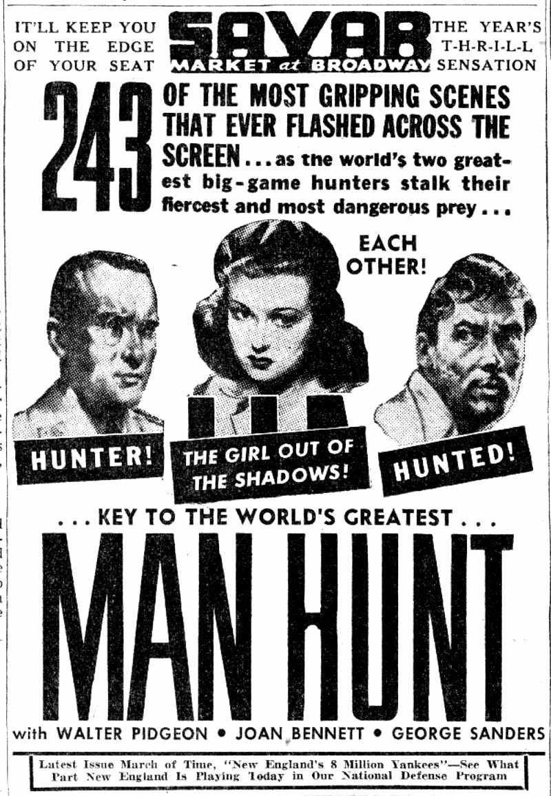 Savar Theater advertisement for Man Hunt, Camden Courier-Post, July 23, 1941