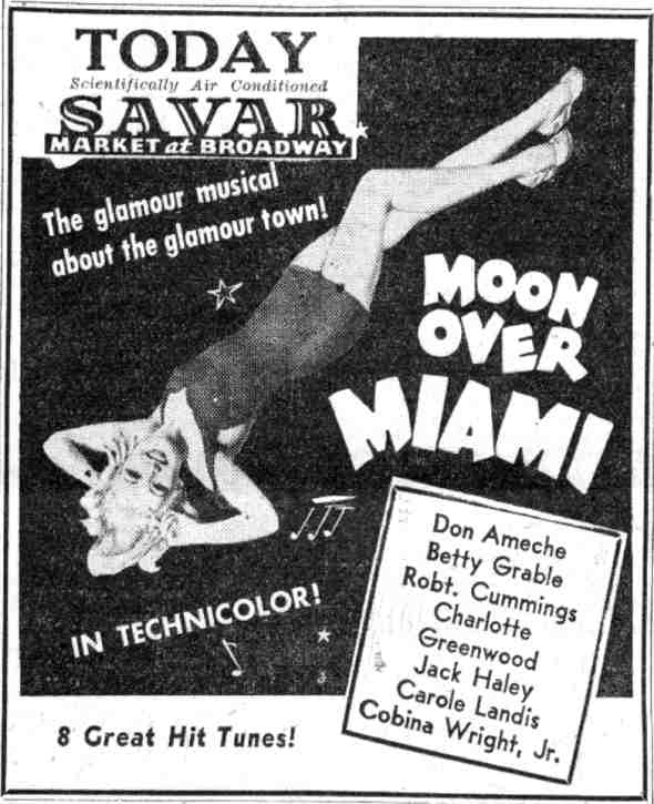 Savar Theater advertisement for Moon Over Miami, Camden Courier-Post, July 30, 1941