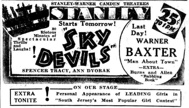 Stanley Theatre listing, Camden Courier-Post, June 6, 1932