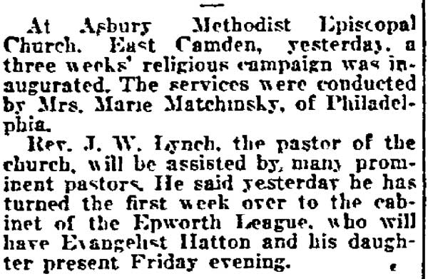 Philadelphia Inquirer, October 13, 1921 — religious campaign at Asbury M.E. Church