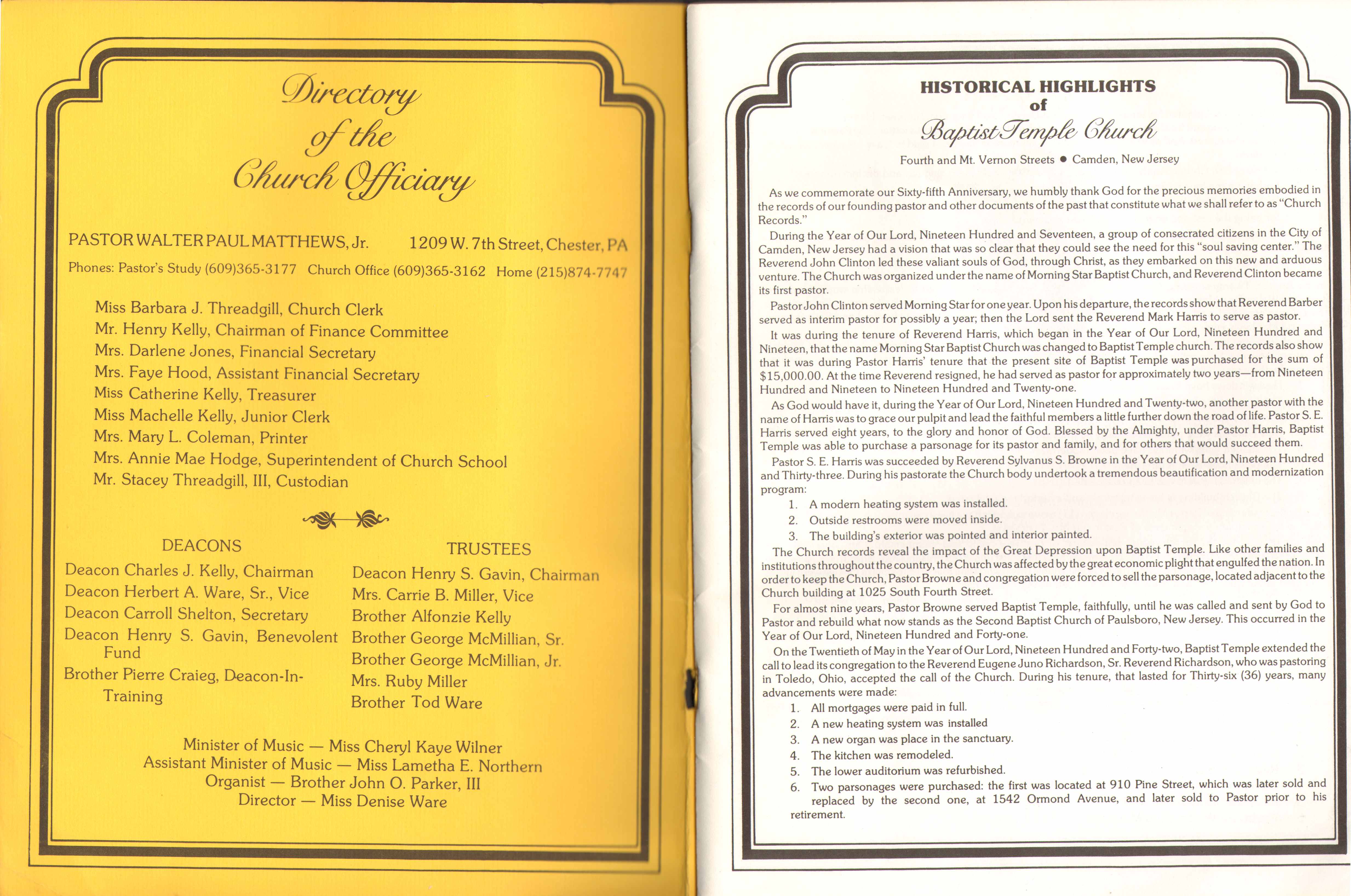 Baptist Temple Church 65th Anniversary Booklet, page 1