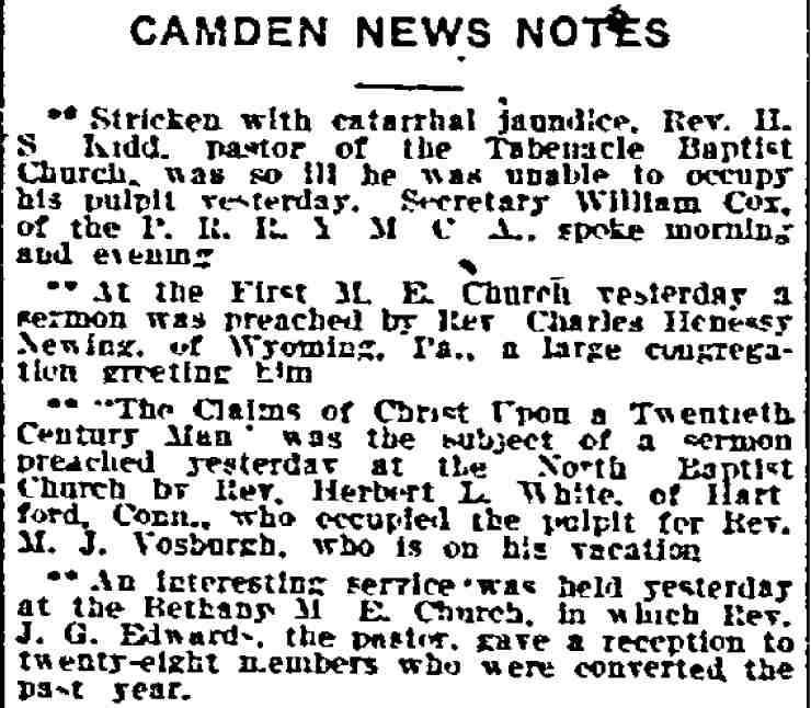 Philadelphia Inquirer, August 7, 1911 — Camden news notes, Bethany M.E. Church