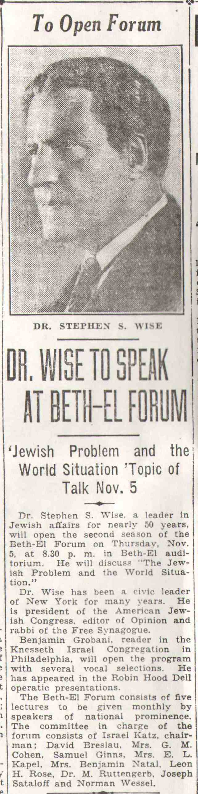 Camden Courier-Post coverage of Beth El Forum, October 28, 1936