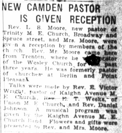Camden Courier-Post, April 2, 1928 — New Camden Pastor Is Given Reception, Trinity M. E. Church