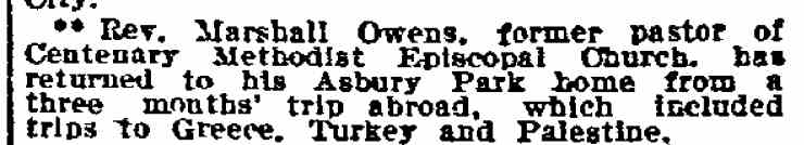 Philadelphia Inquirer, November 15, 1910 — Rev. Marshall Owens Returns from Abroad