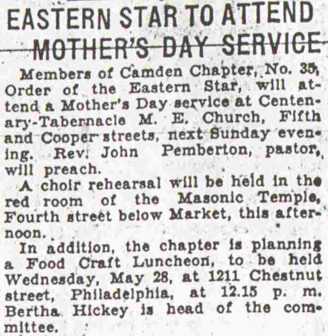 Camden Courier-Post, May 4, 1930 — Eastern Star to Attend Mother's Day Service