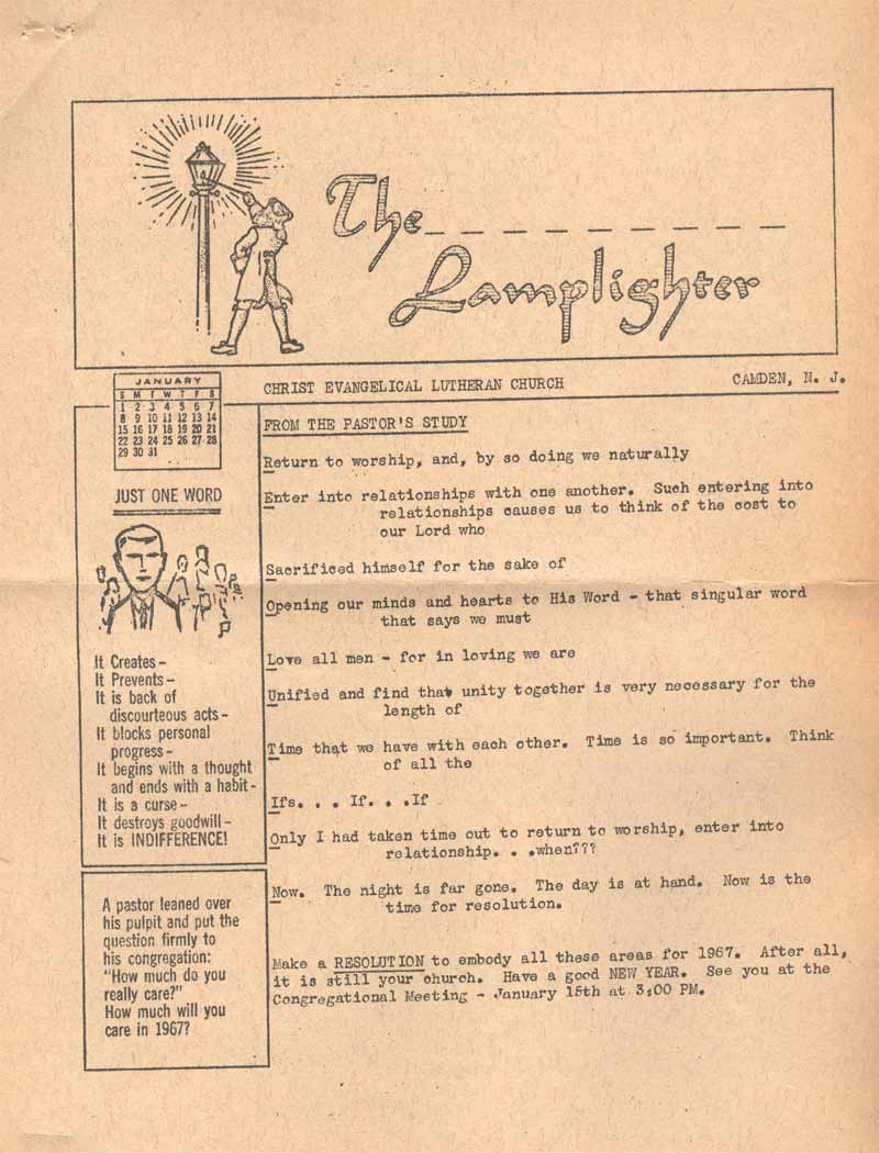 The Lamplighter, January 1967, page 1 — From the Pastor's Study