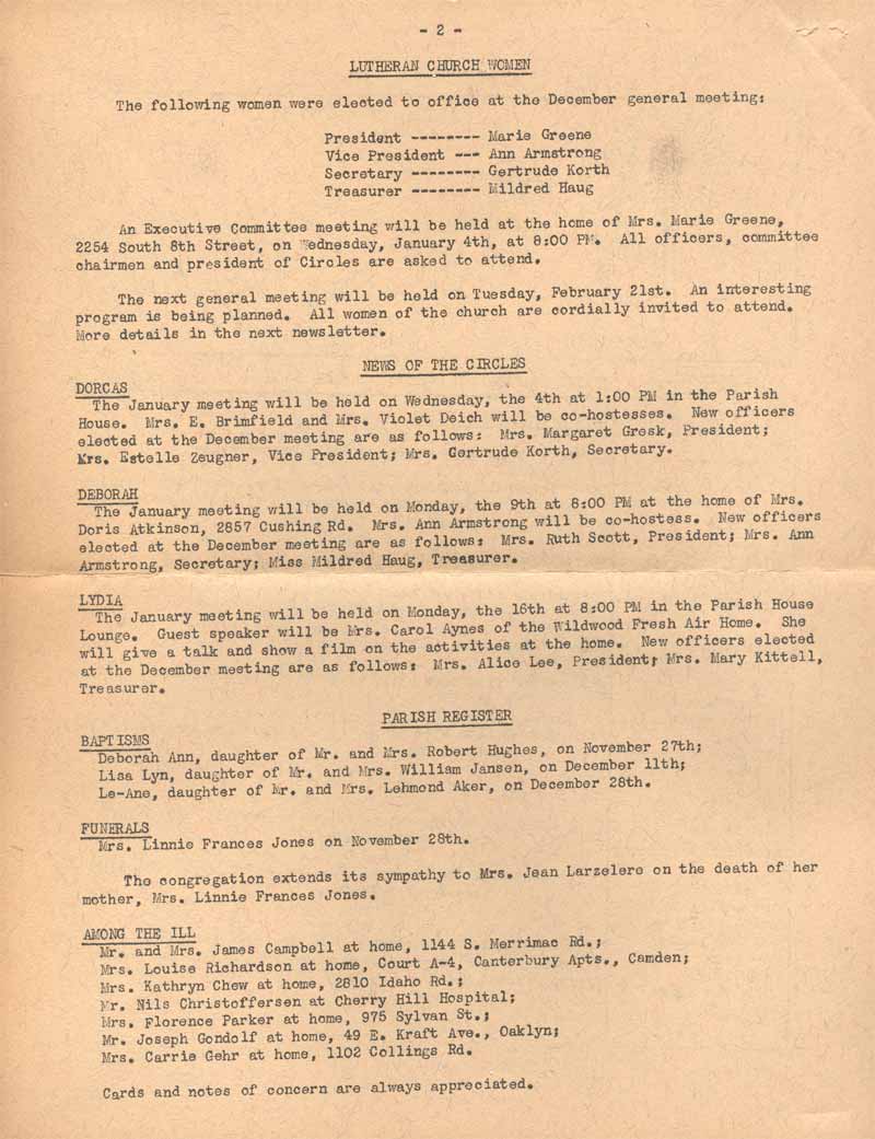 The Lamplighter, January 1967, page 2 — Lutheran Church Women, Parish Register
