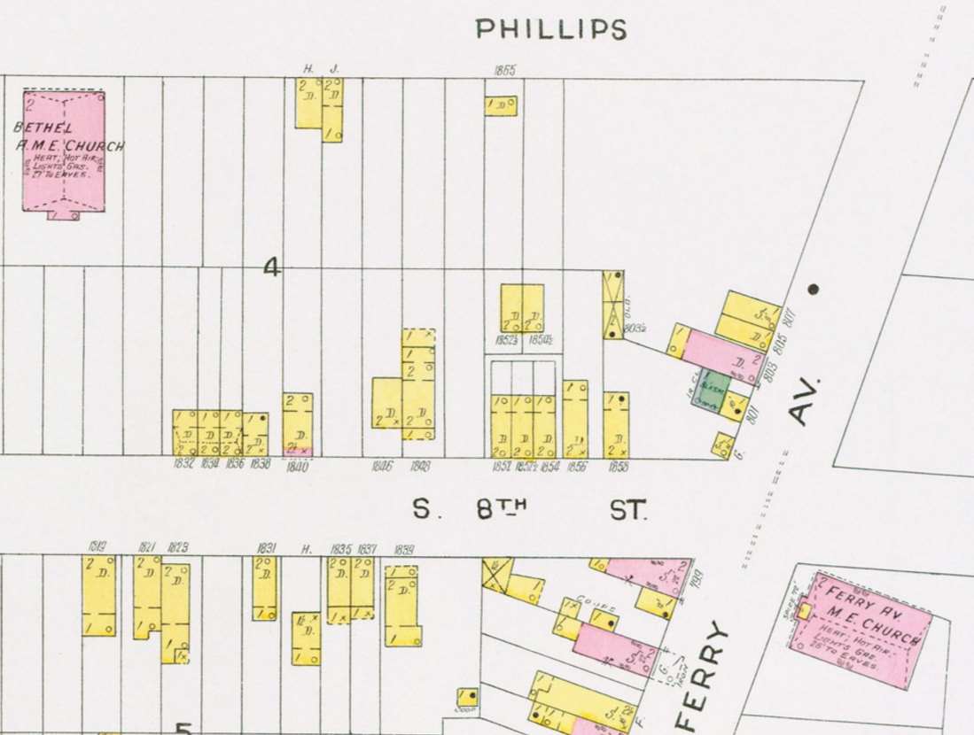 1891 Sanborn fire insurance map showing Ferry Avenue Methodist Episcopal Church location