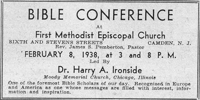 Bible Conference advertisement — Camden Courier-Post, February 5, 1938