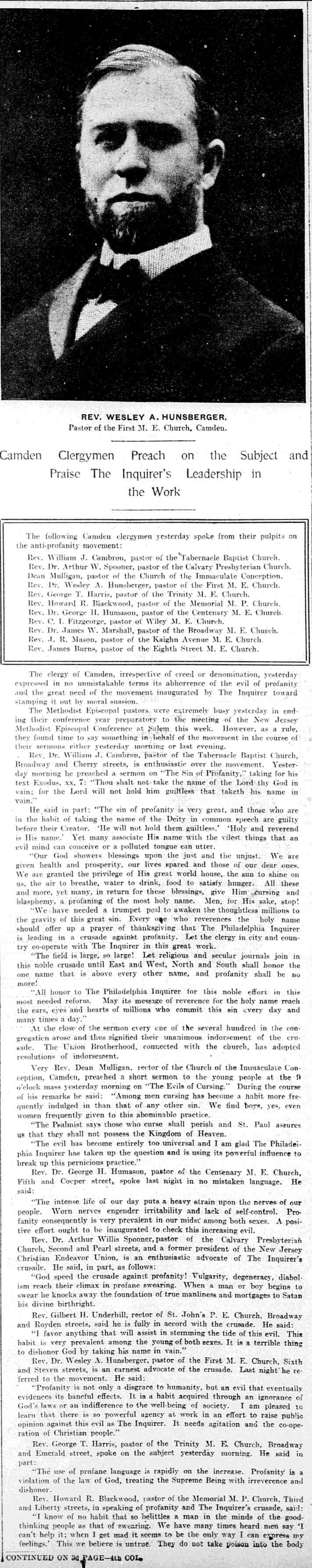 Rev. Wesley A. Hunsberger, Pastor of the First M. E. Church, Camden — Philadelphia Inquirer, March 10, 1902