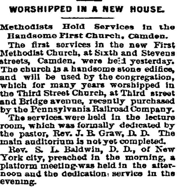 Worshipped in a New House - Philadelphia Inquirer, June 5, 1893