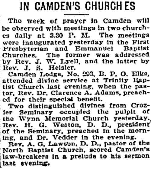 Philadelphia Inquirer, January 4, 1897 — Camden churches week of prayer