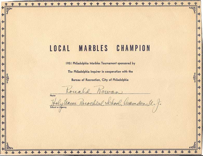 Ronald Rowan, Holy Name School marble champion, 1951