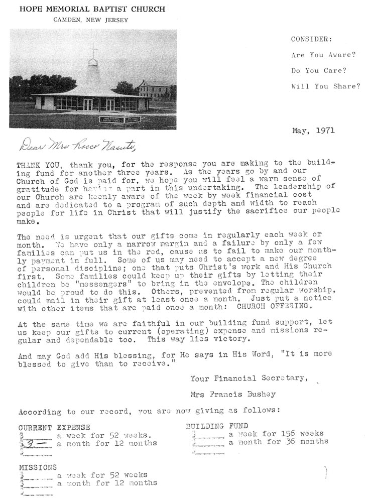 Hope Memorial Baptist Church — May 1971 fundraising letter from Mary Francis Bushey, Financial Secretary
