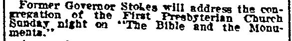 Philadelphia Inquirer, June 19, 1915 — Former Governor Stokes to address First Presbyterian Church