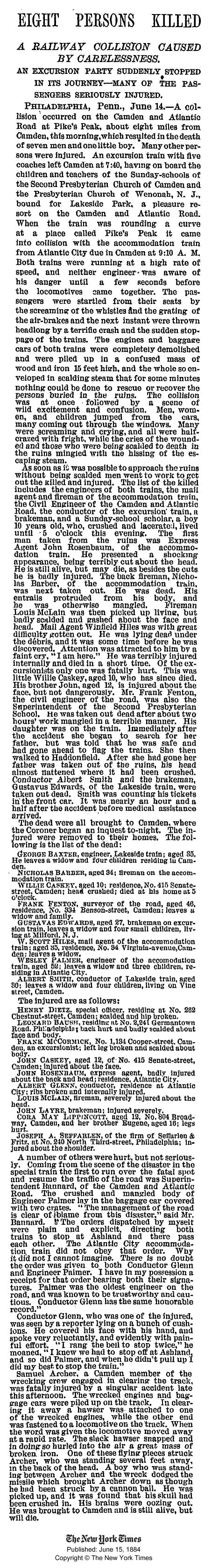 New York Times, June 15, 1884 — Second Presbyterian Church train wreck