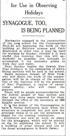Congregation Beth El, 1921