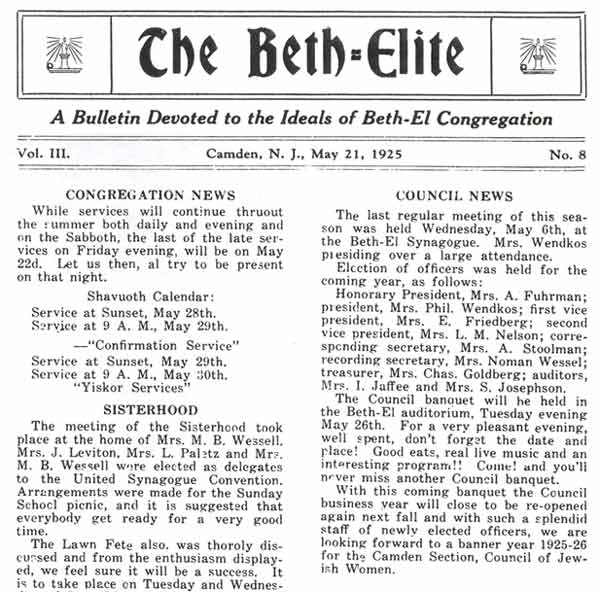 Congregation Beth El, 1925
