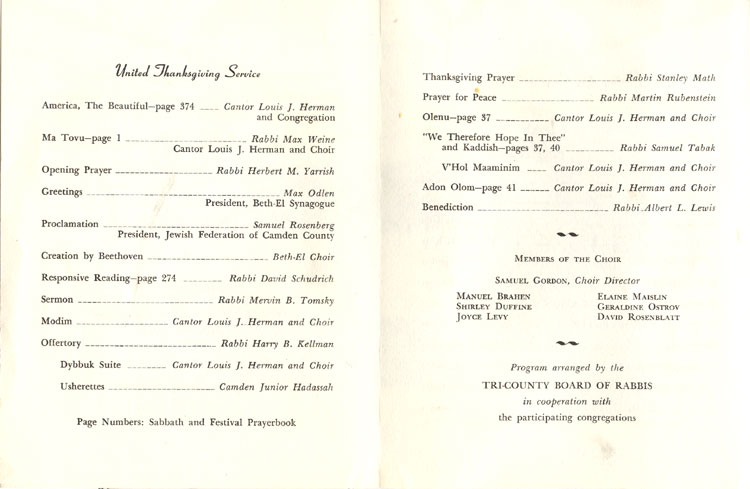 Seventeenth United Thanksgiving Service program, November 27, 1958, order of service