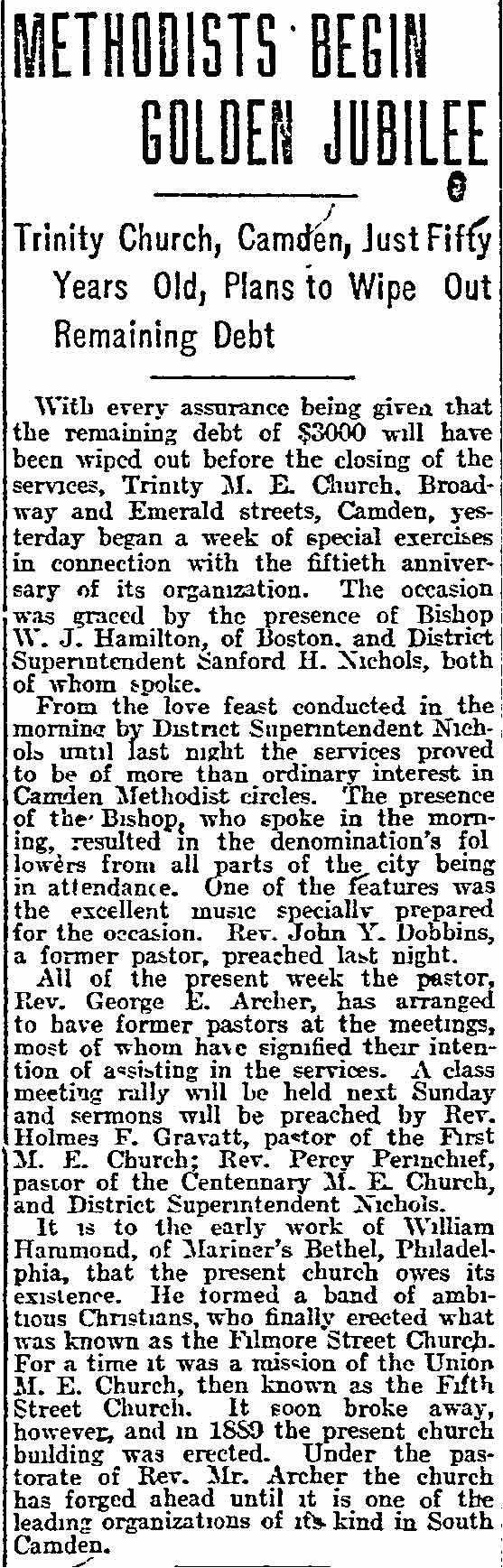 Philadelphia Inquirer, November 20, 1909 — Methodists Begin Golden Jubilee, Trinity Church Camden