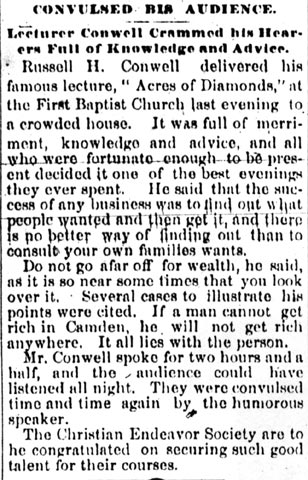 Camden Daily Telegram, March 21, 1893 — Russell H. Conwell lecture at First Baptist Church