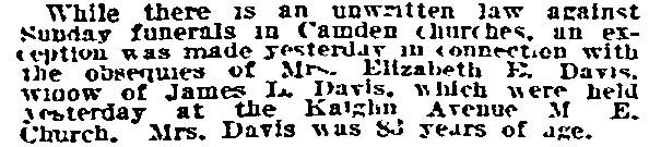 Sunday Funeral at Kaighn Avenue M. E. Church, Philadelphia Inquirer, December 10, 1917