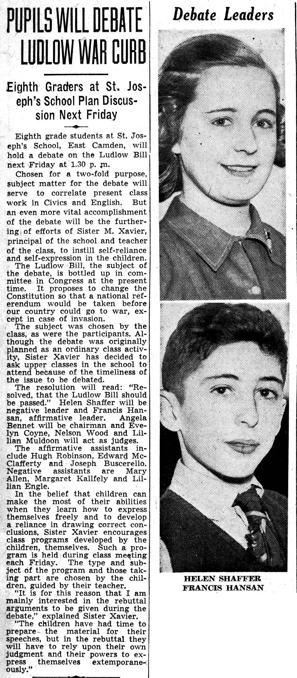 Camden Courier-Post, February 19, 1938 — Pupils Will Debate Ludlow War Curb. Debate leaders: Helen Shaffer, Francis Hansan.