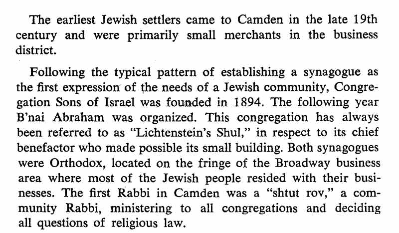 Excerpt about Camden's earliest Jewish settlers and the founding of Congregation B'nai Abraham