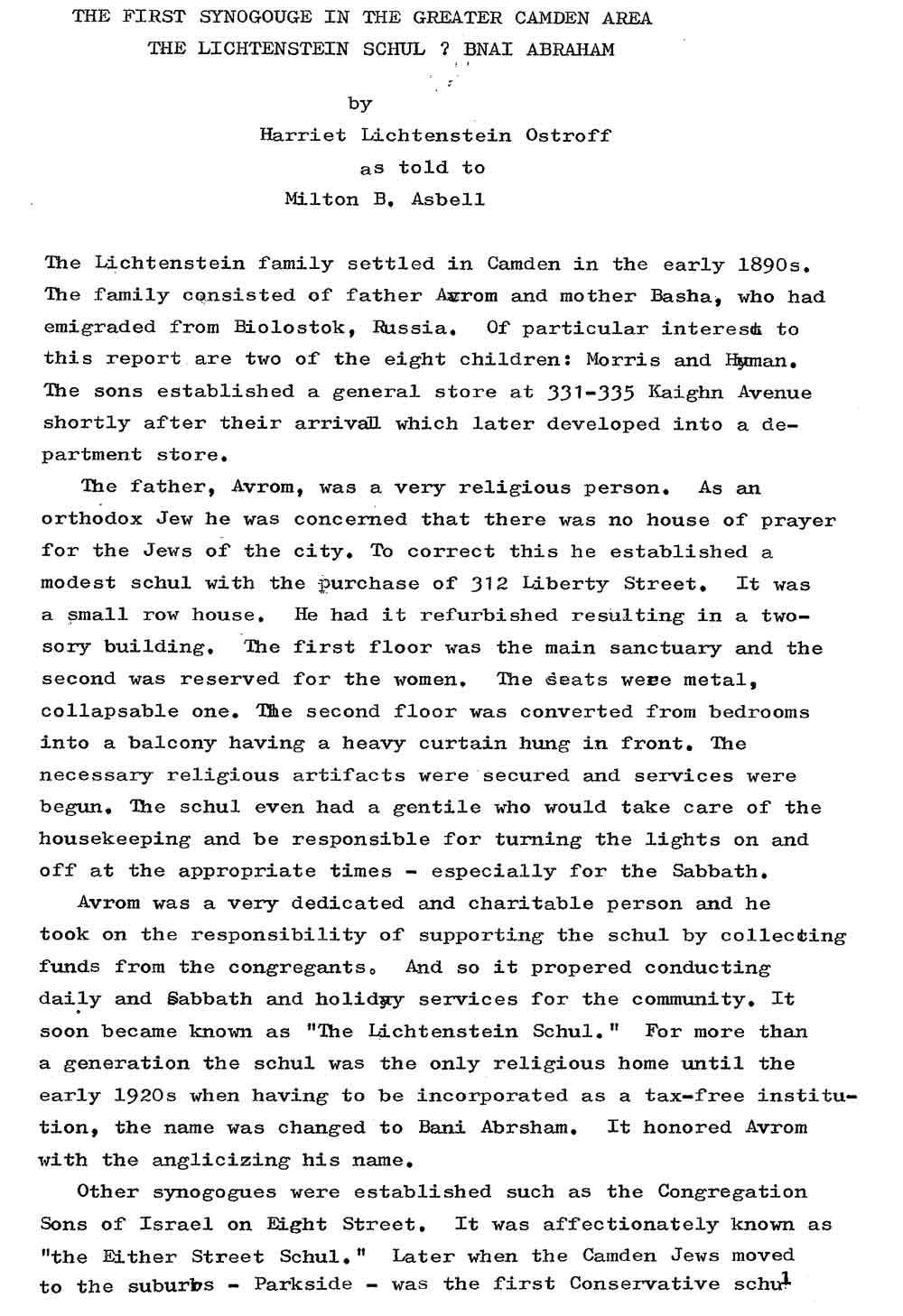 The First Synagogue in the Greater Camden Area — The Lichtenstein Shul, B'nai Abraham, by Harriet Lichtenstein Ostroff as told to Milton R. Asbell