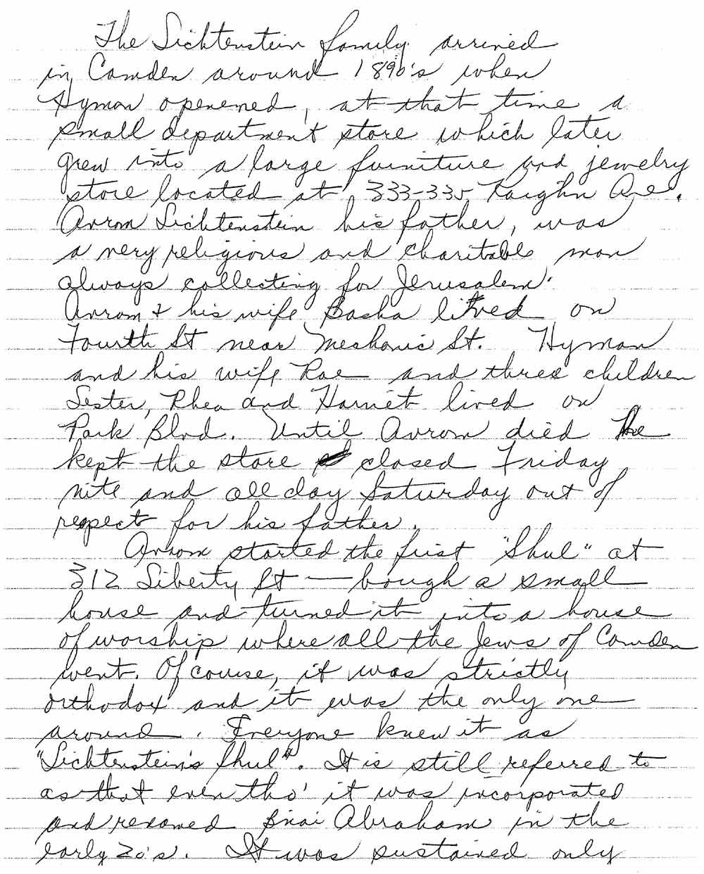 Handwritten account of the Lichtenstein family and Congregation B'nai Abraham, page 1
