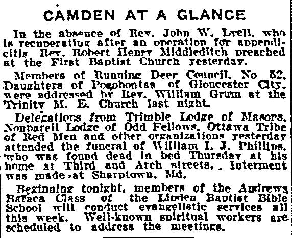 Philadelphia Inquirer, July 19, 1915 — Camden at a Glance — First Baptist Church, Trinity M.E. Church, Rev. William Grum
