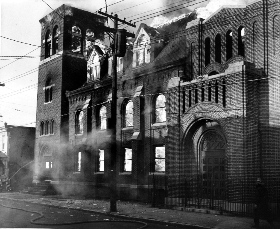 Four-alarm fire at Linden Baptist Church, July 23, 1954