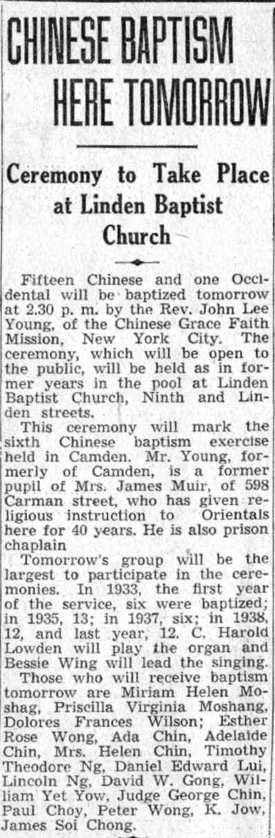 Chinese Baptism Here Tomorrow, Camden Courier-Post, July 3, 1941