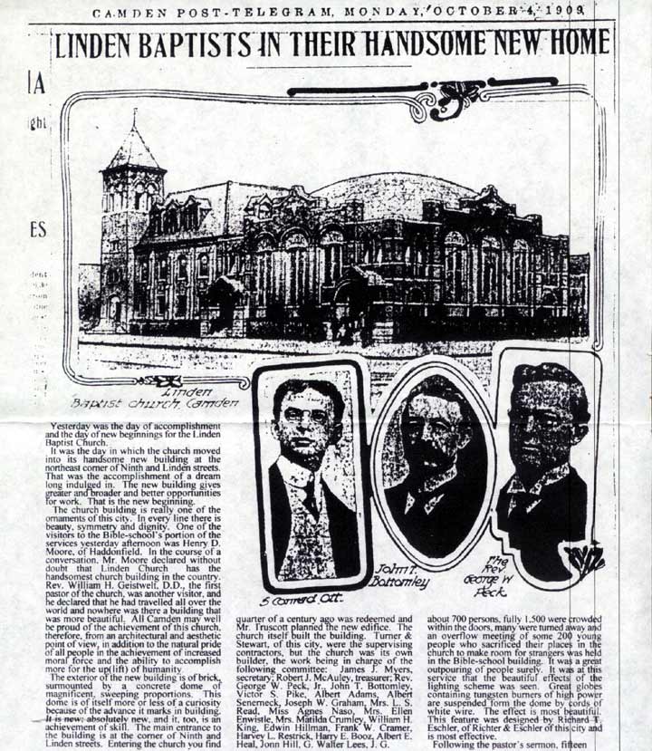Linden Baptist Church opening, Camden Post-Telegram, October 4, 1909