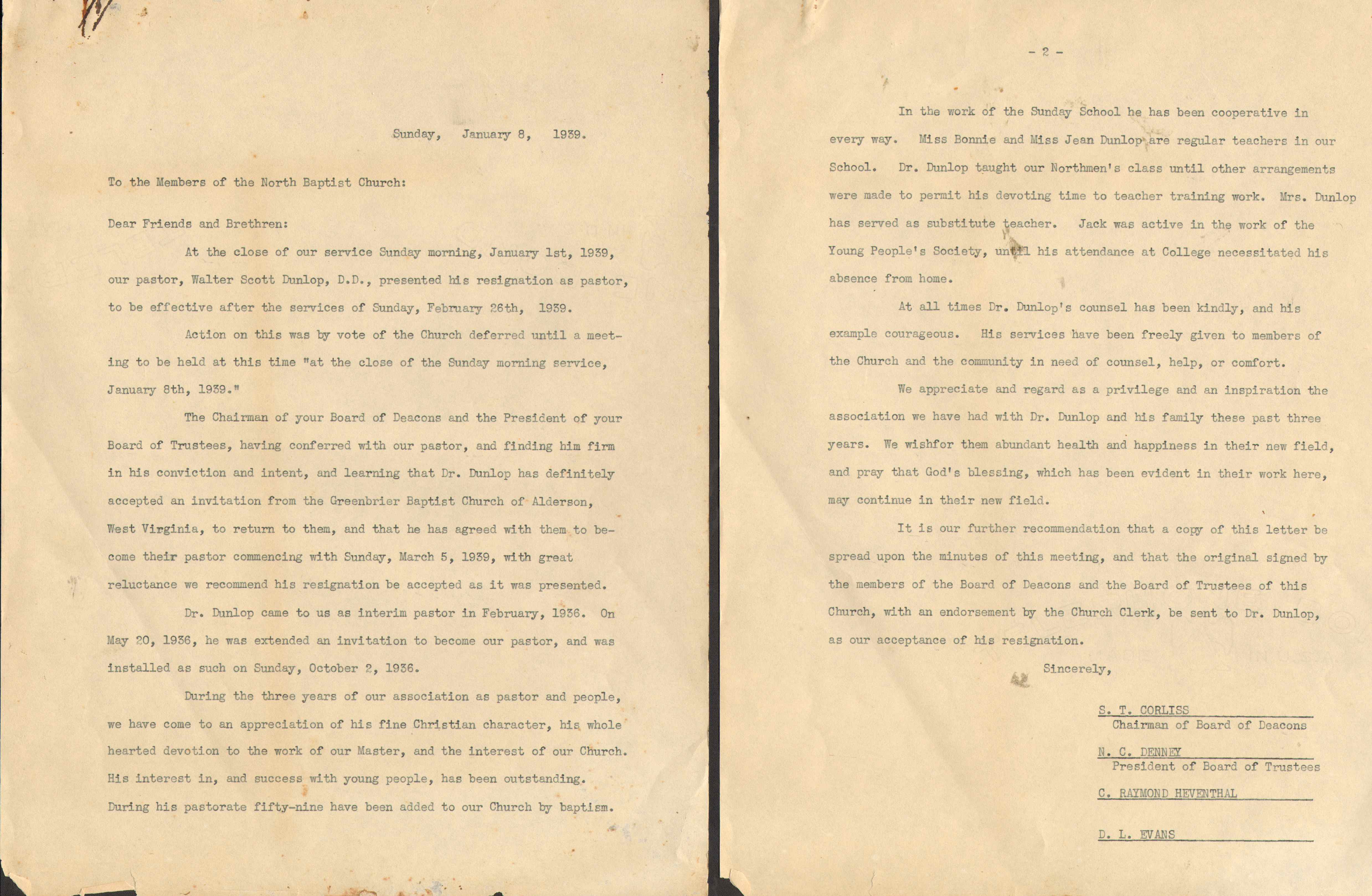 North Baptist Church, January 8, 1939, page 1