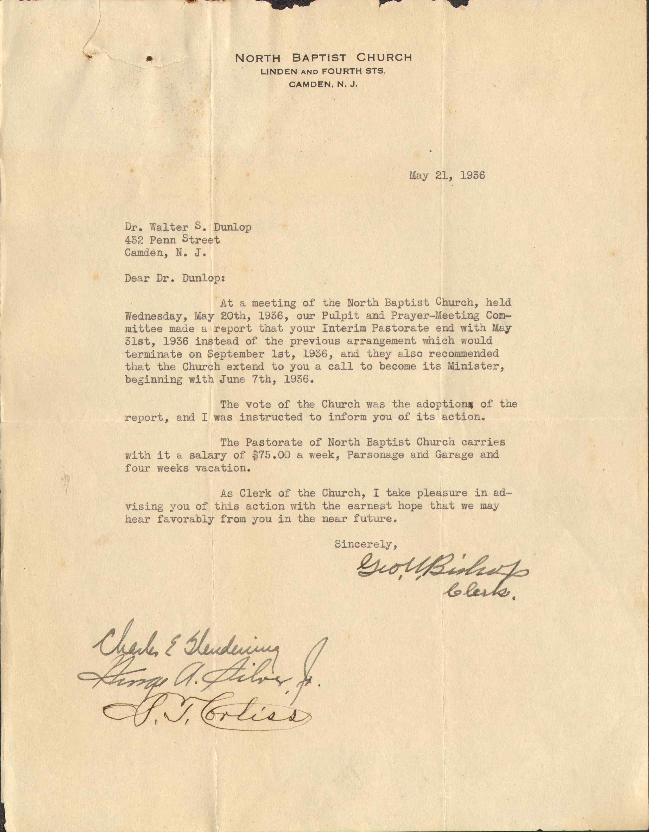 Letter from North Baptist Church to Rev. Dr. Walter S. Dunlop, May 21, 1936
