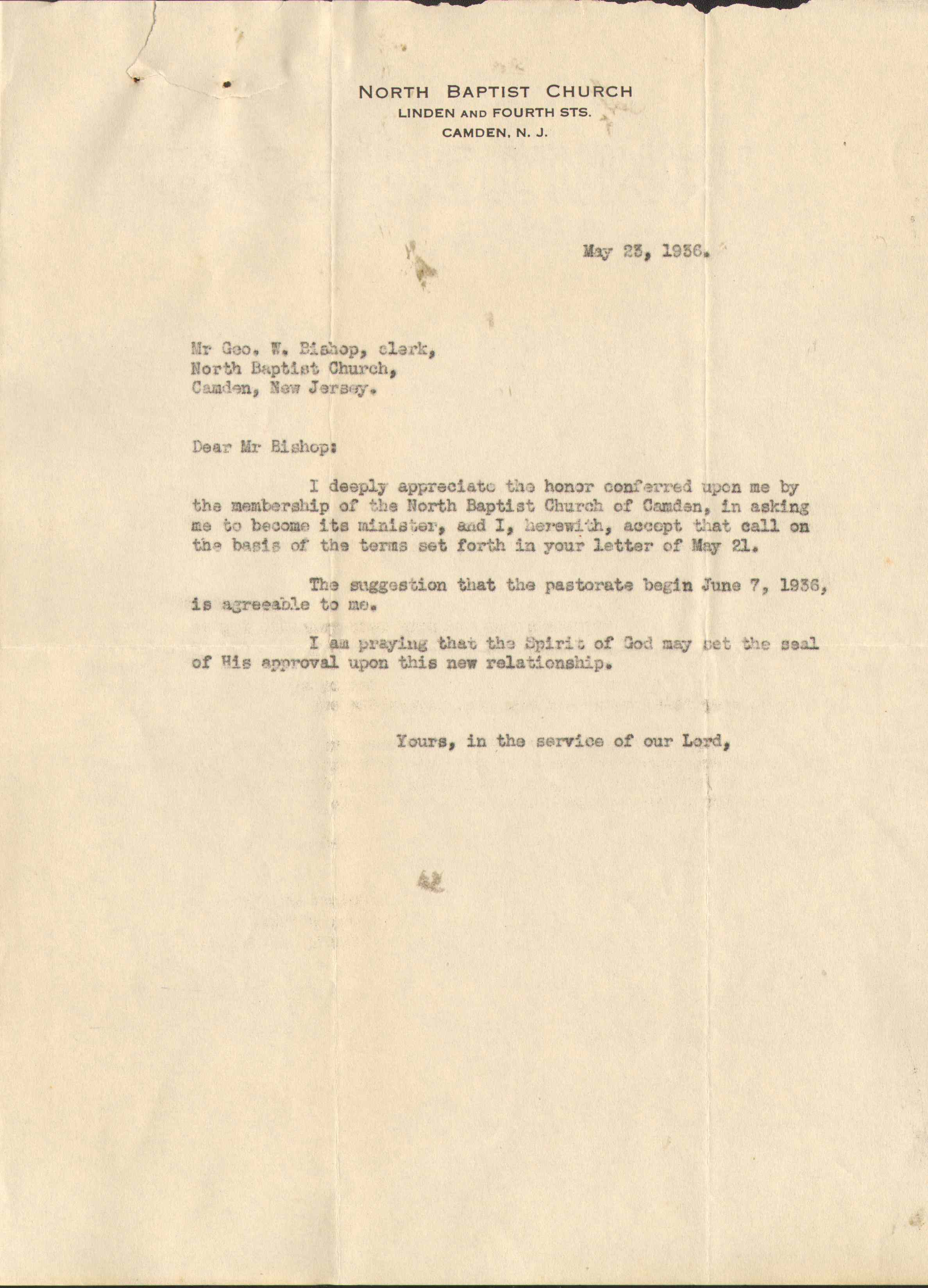 Draft of letter written by Rev. Dr. Walter S. Dunlop, May 23, 1936