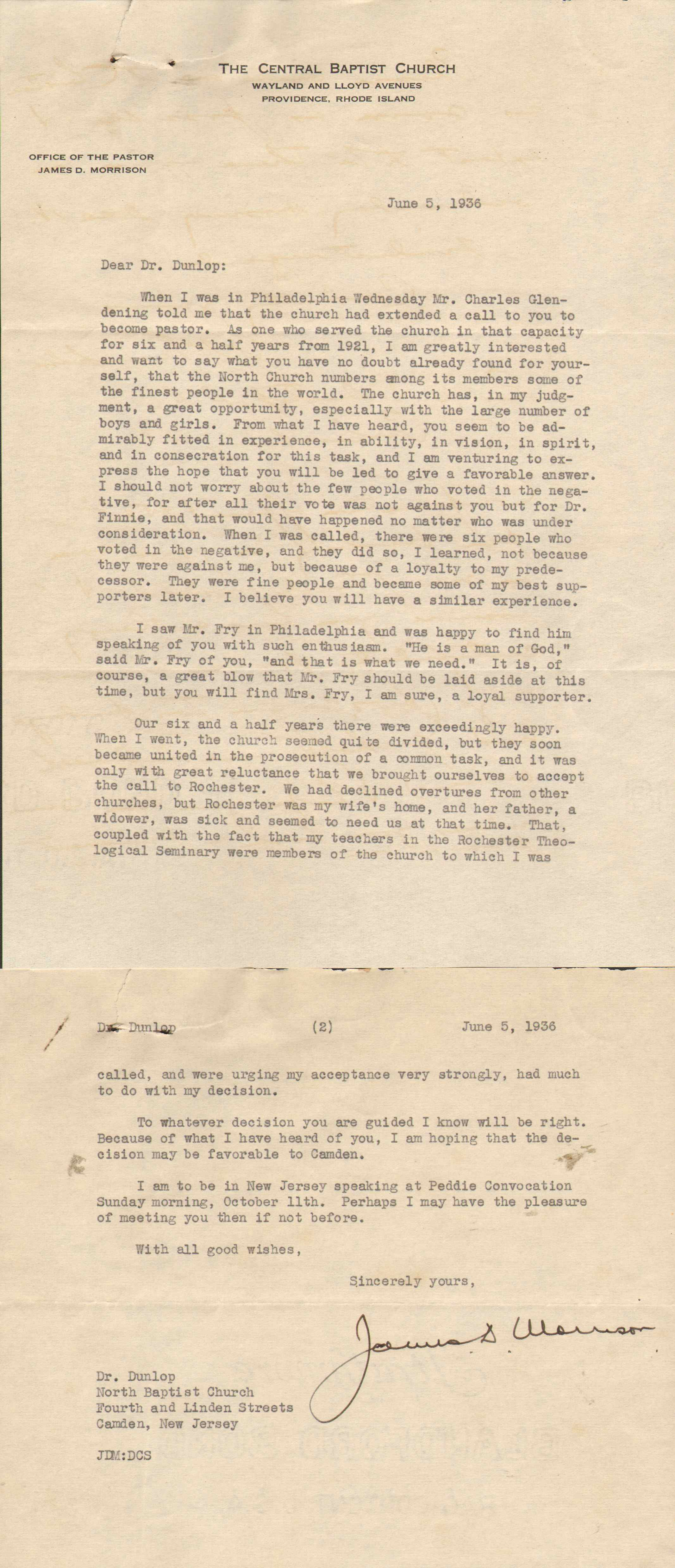 Letter to Rev. Dr. Walter Dunlop, June 5, 1936
