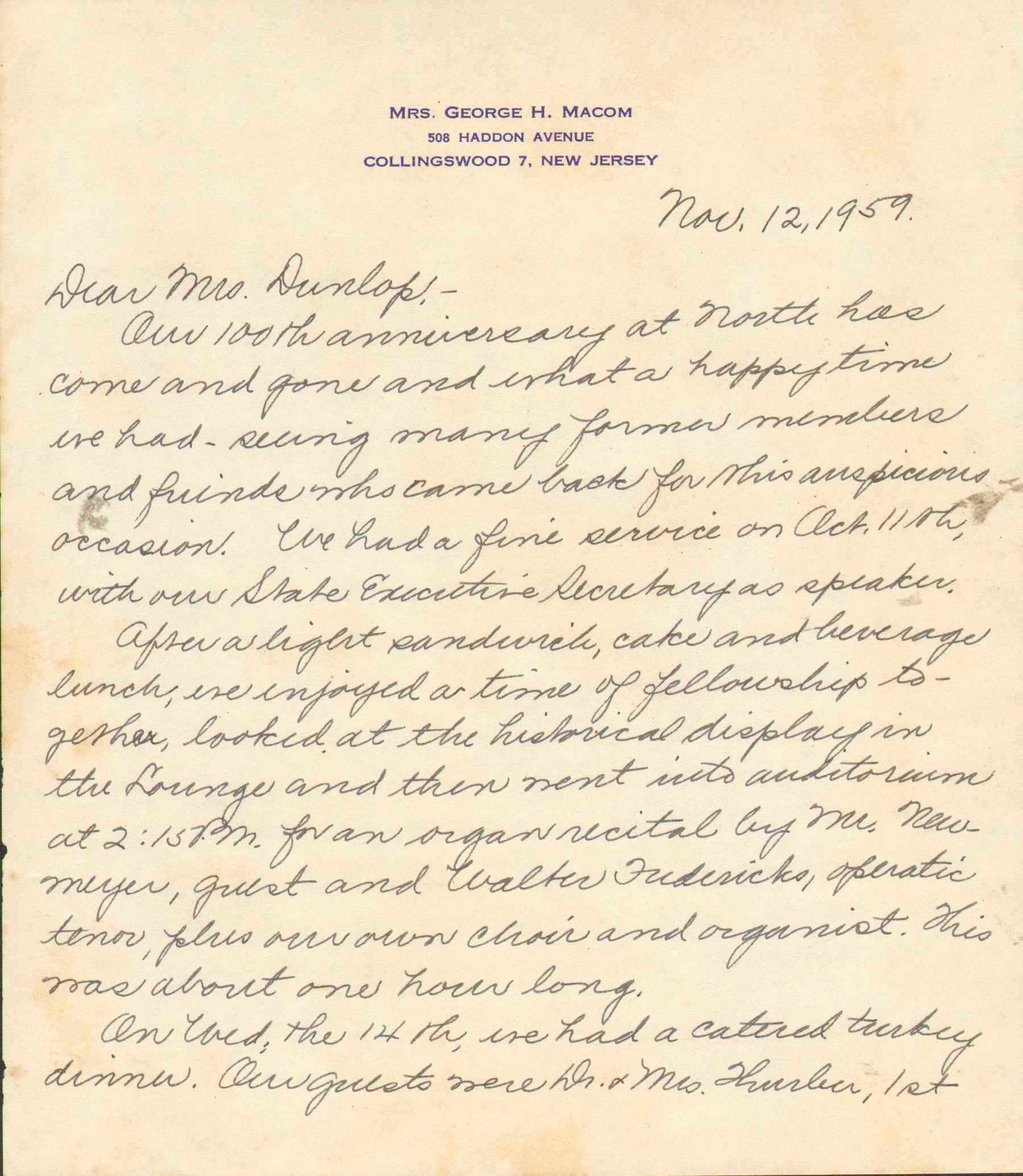 Letter to Mrs. Walter S. Dunlop, November 12, 1959, page 1