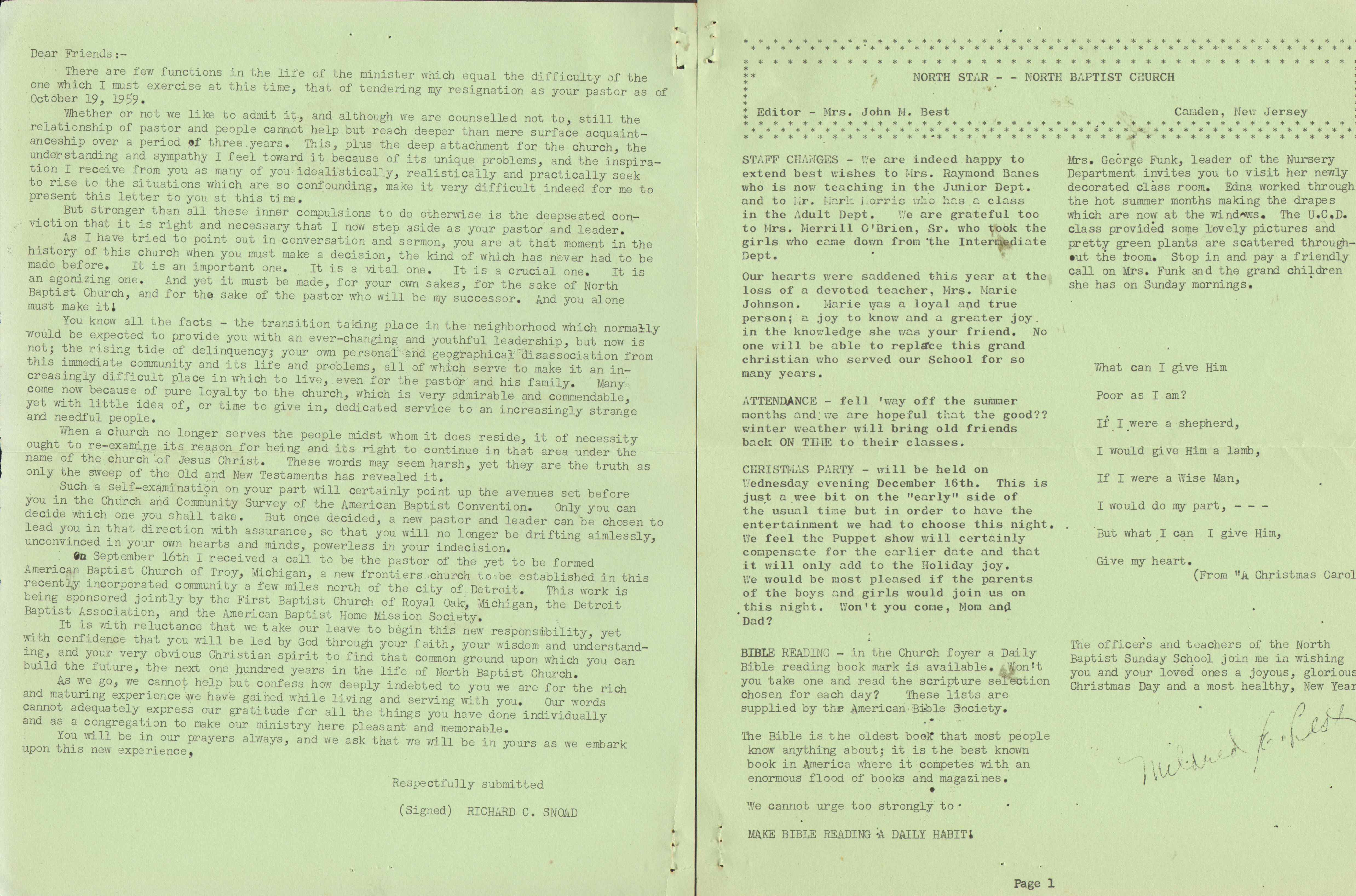 North Baptist Church North Star newsletter, December 1959, page 1