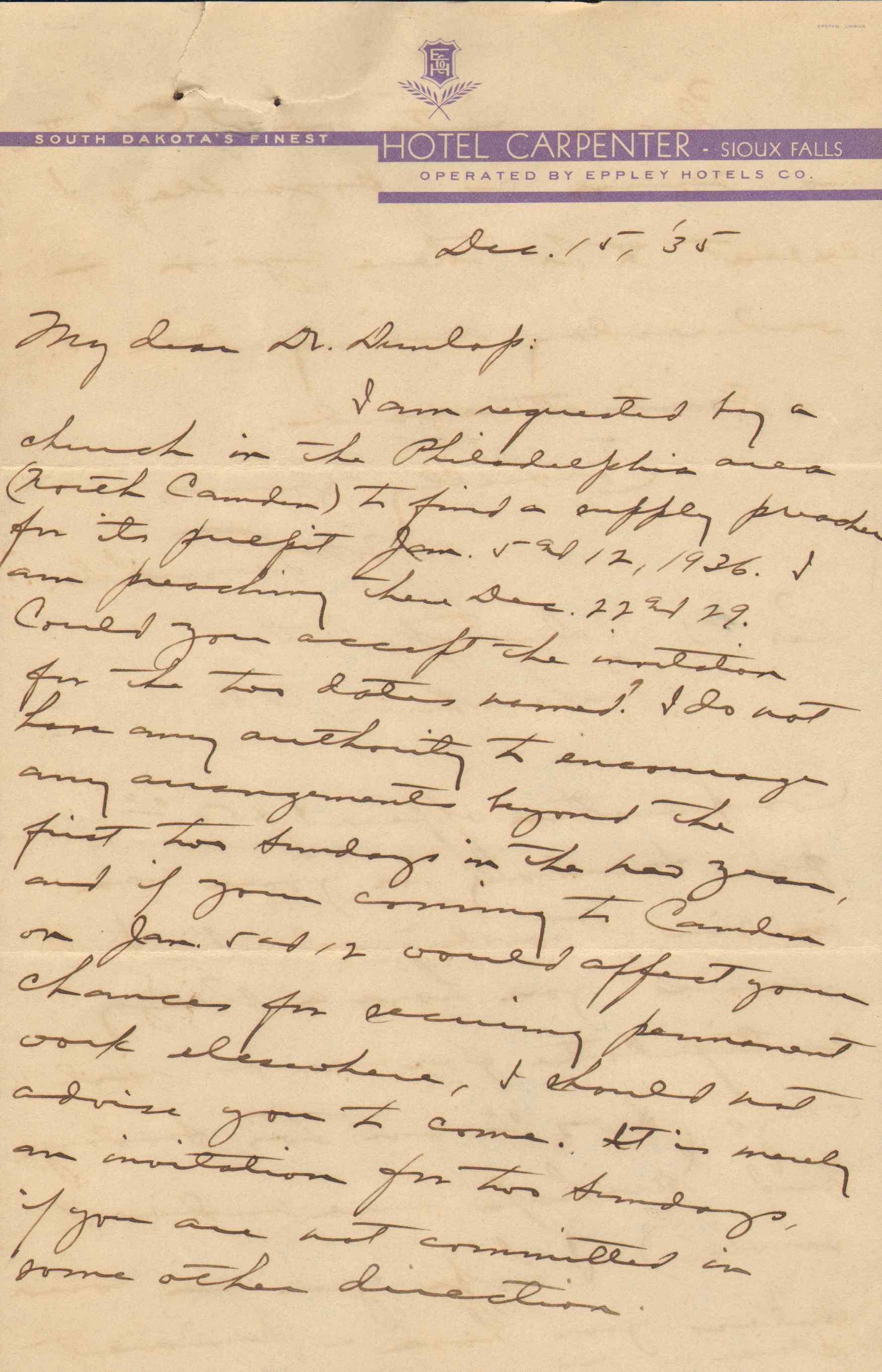 Letter from J. W. Franklin to Rev. Dr. Walter S. Dunlop, December 15, 1935, page 1