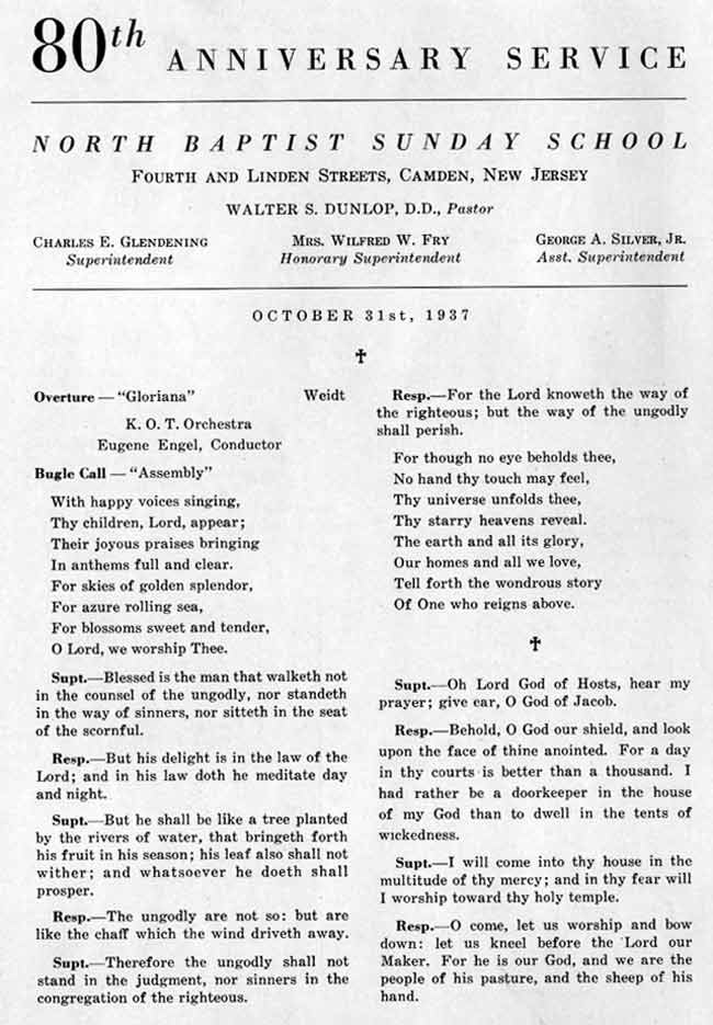 North Baptist Church 80th Anniversary Service booklet, page 1