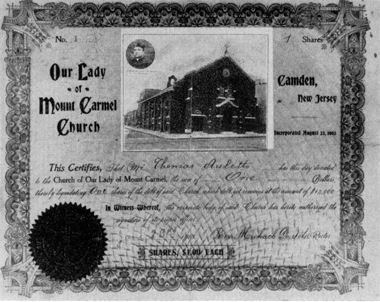 Copy of first share issued to Thomas Auletto, 1908