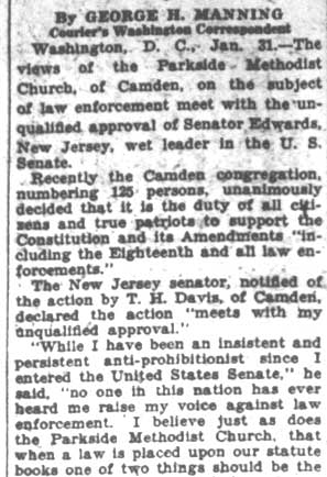 Edwards Endorses M. E. Church Stand — article text, Camden Courier-Post, January 31, 1928